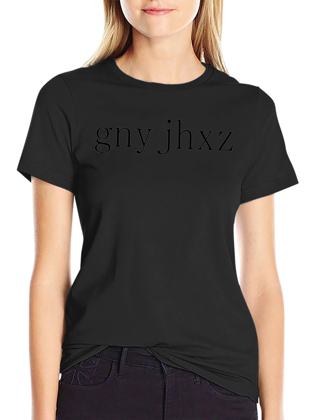 Black Tee with gny jhxz Graphic Print