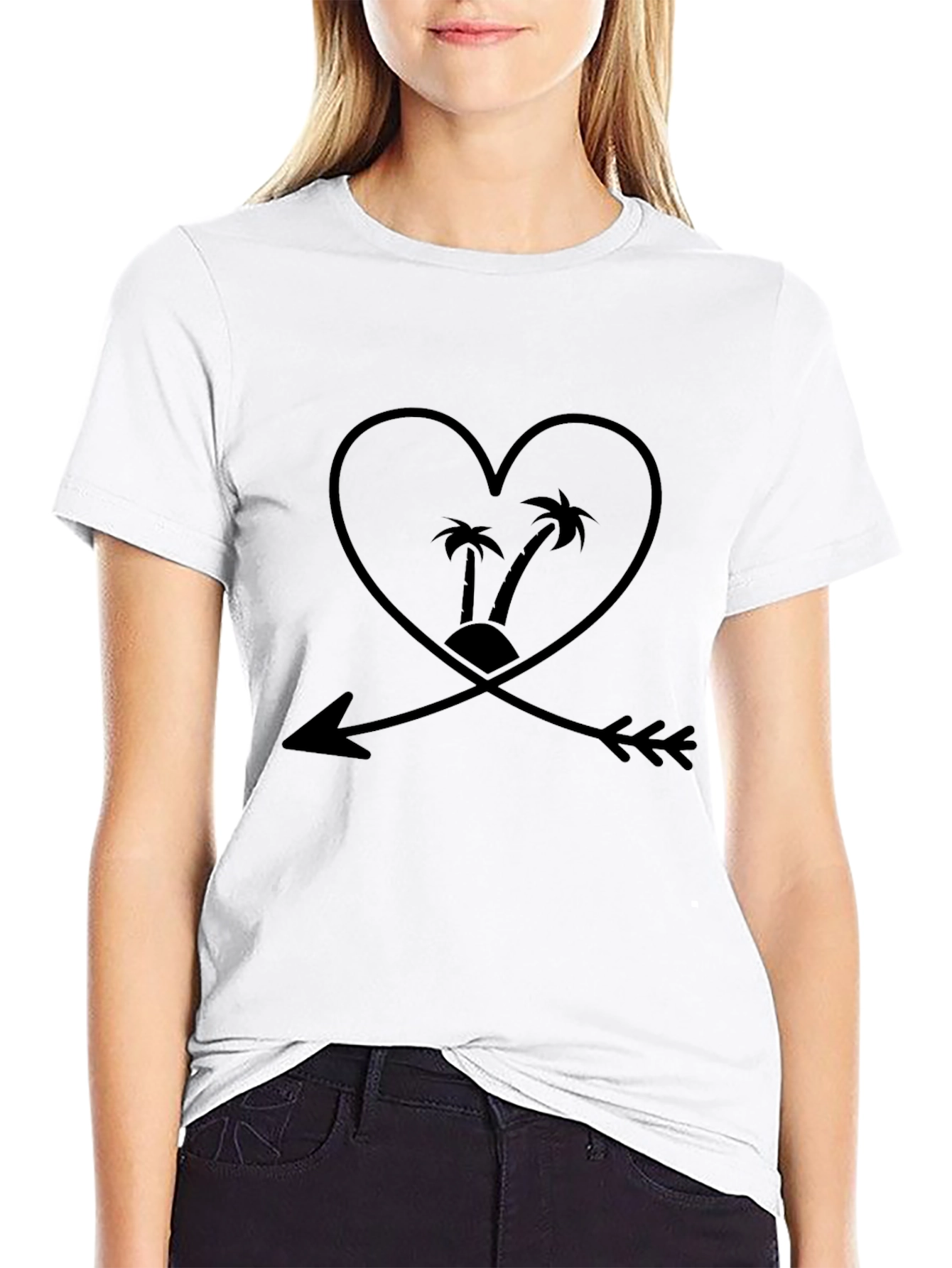 Black T-Shirt with Heart and Arrow Palm Tree Graphic