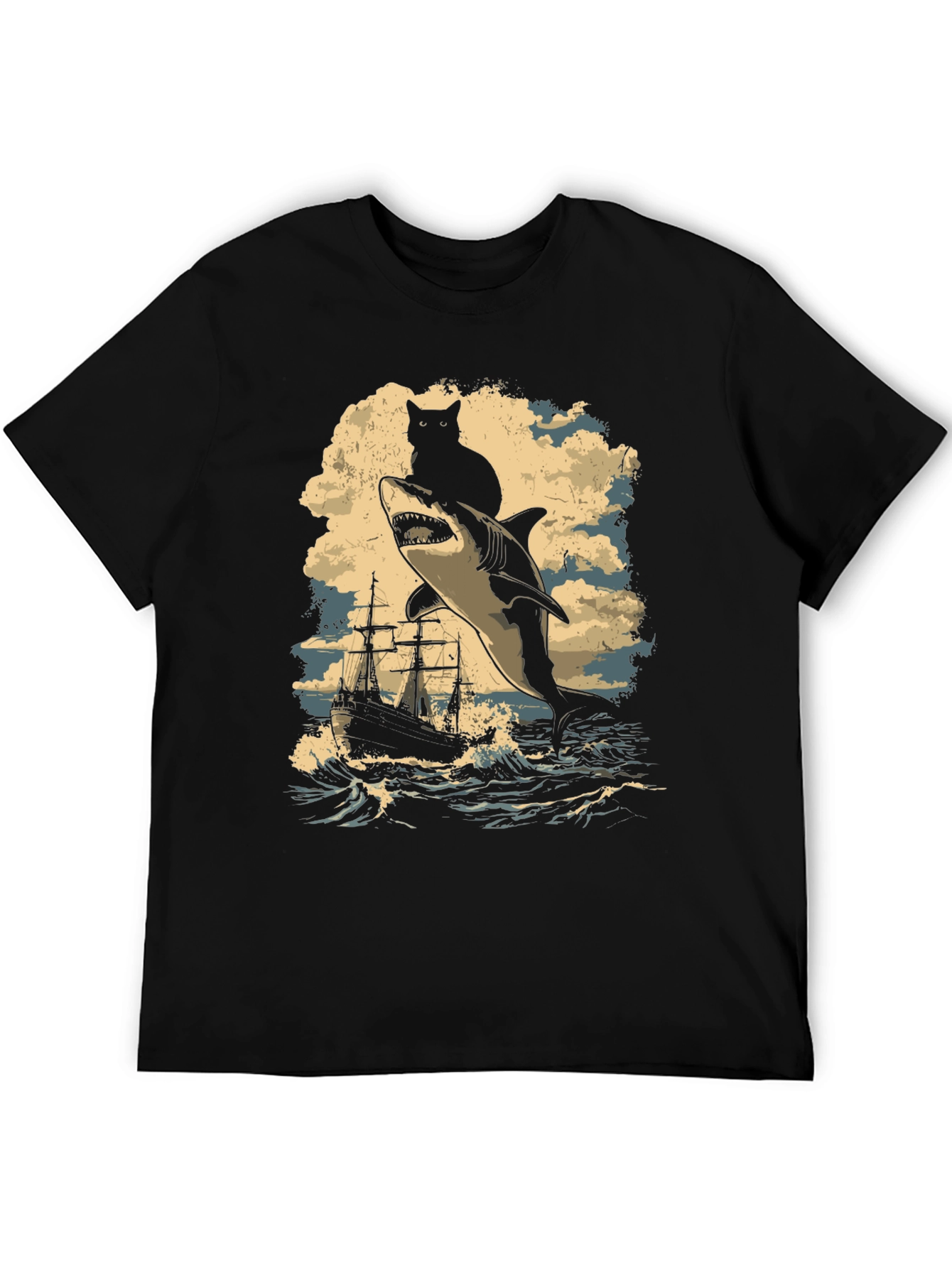 Cat Riding Shark T-Shirt - Nautical Adventure Tee
