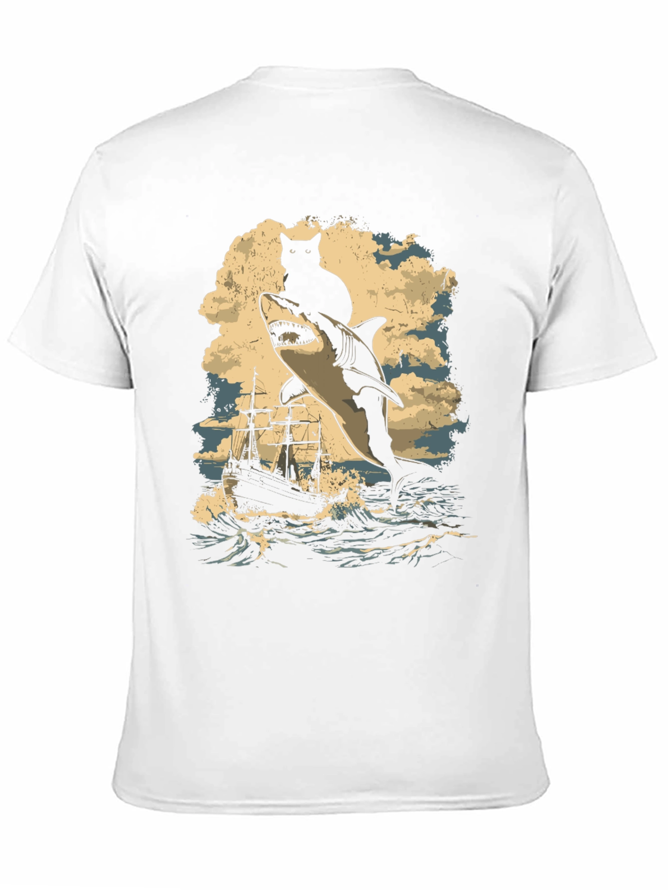 Cat Riding Shark T-Shirt - Nautical Adventure Tee