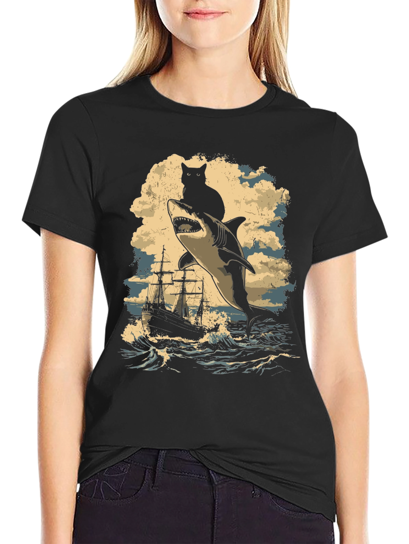 Cat Riding Shark T-Shirt - Nautical Adventure Tee