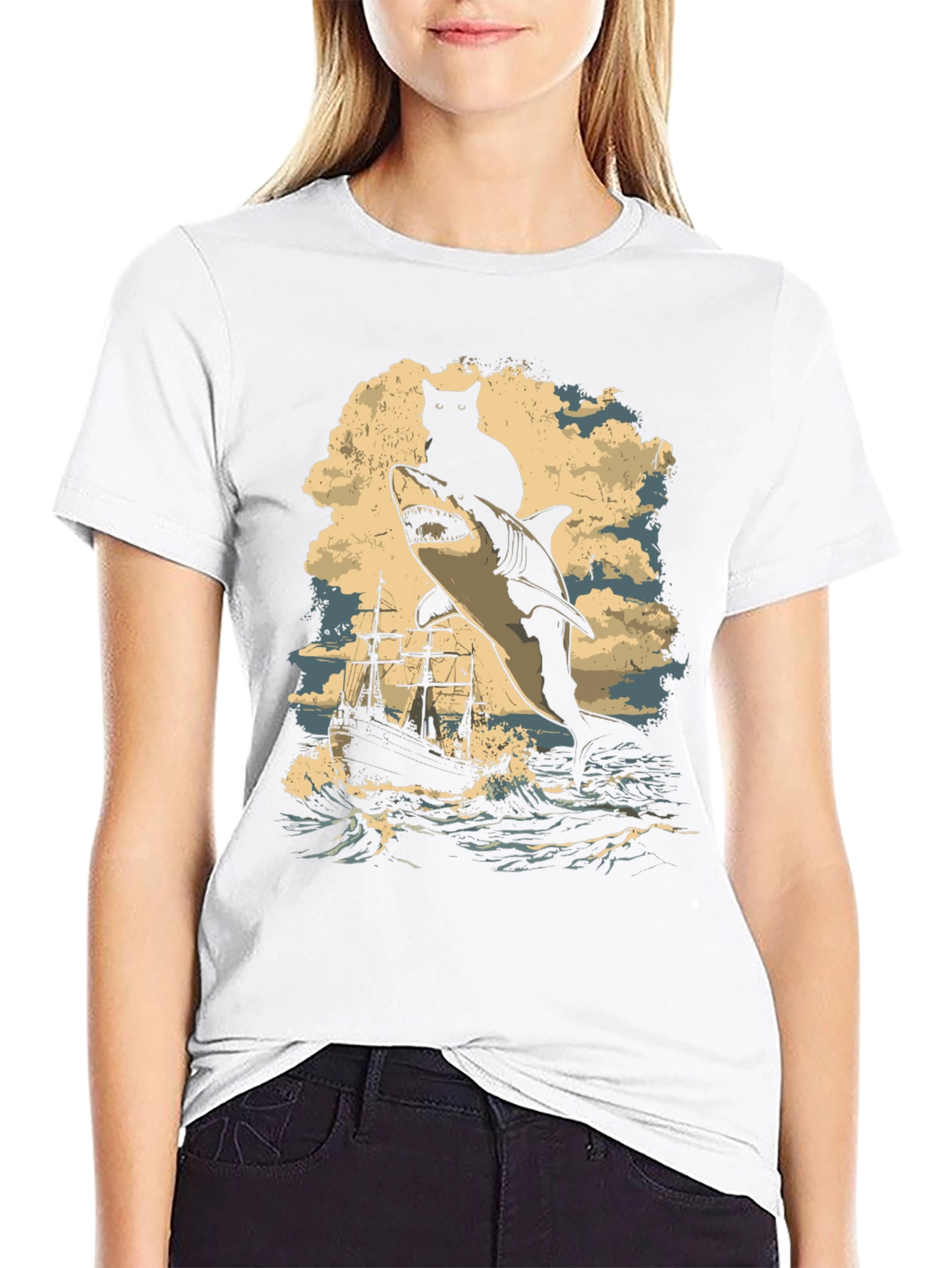 Cat Riding Shark T-Shirt - Nautical Adventure Tee