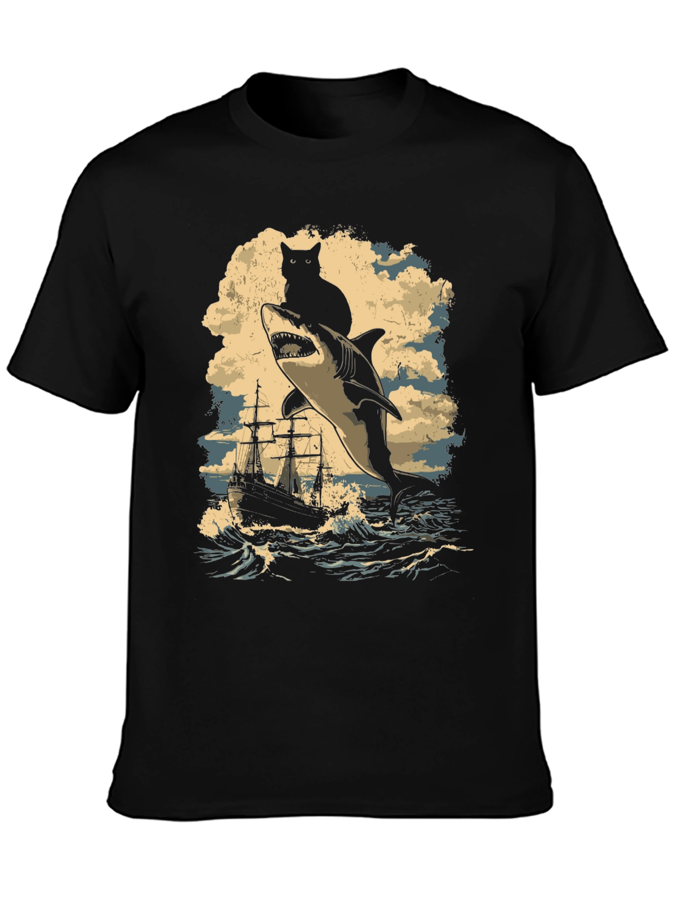 Cat Riding Shark T-Shirt - Nautical Adventure Tee