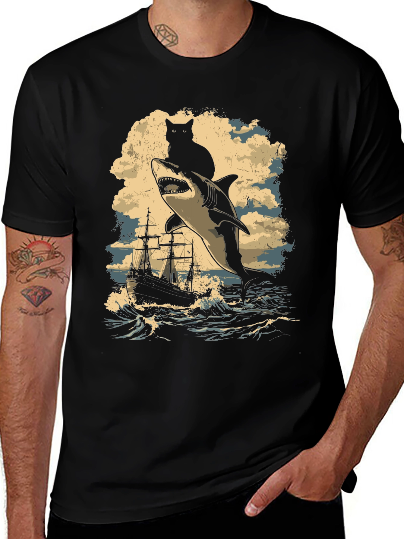 Cat Riding Shark T-Shirt - Nautical Adventure Tee