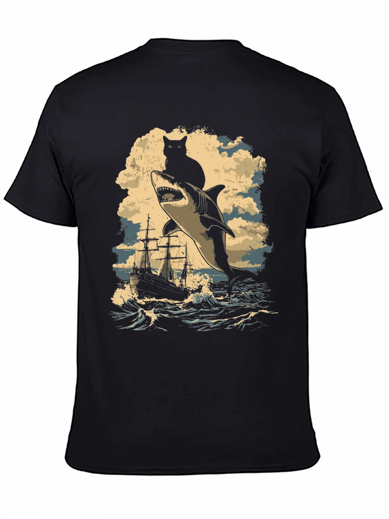 Cat Riding Shark T-Shirt - Nautical Adventure Tee