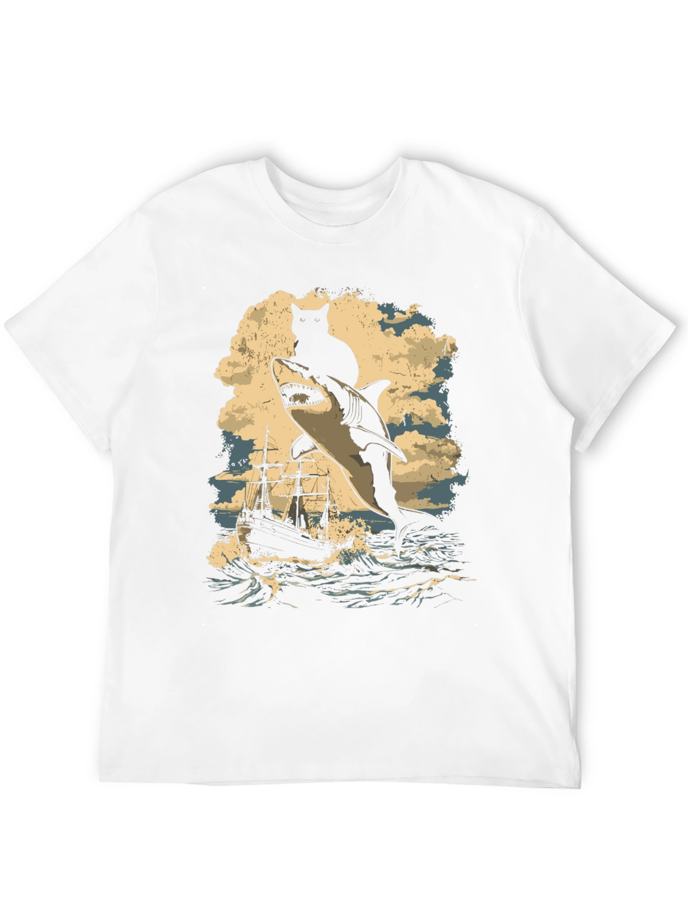 Cat Riding Shark T-Shirt - Nautical Adventure Tee