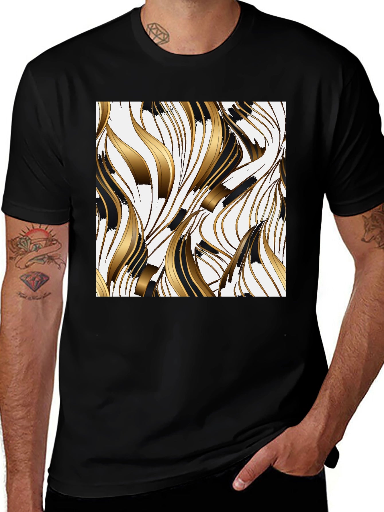 Stylish Black Tee with Abstract Gold & Black Design