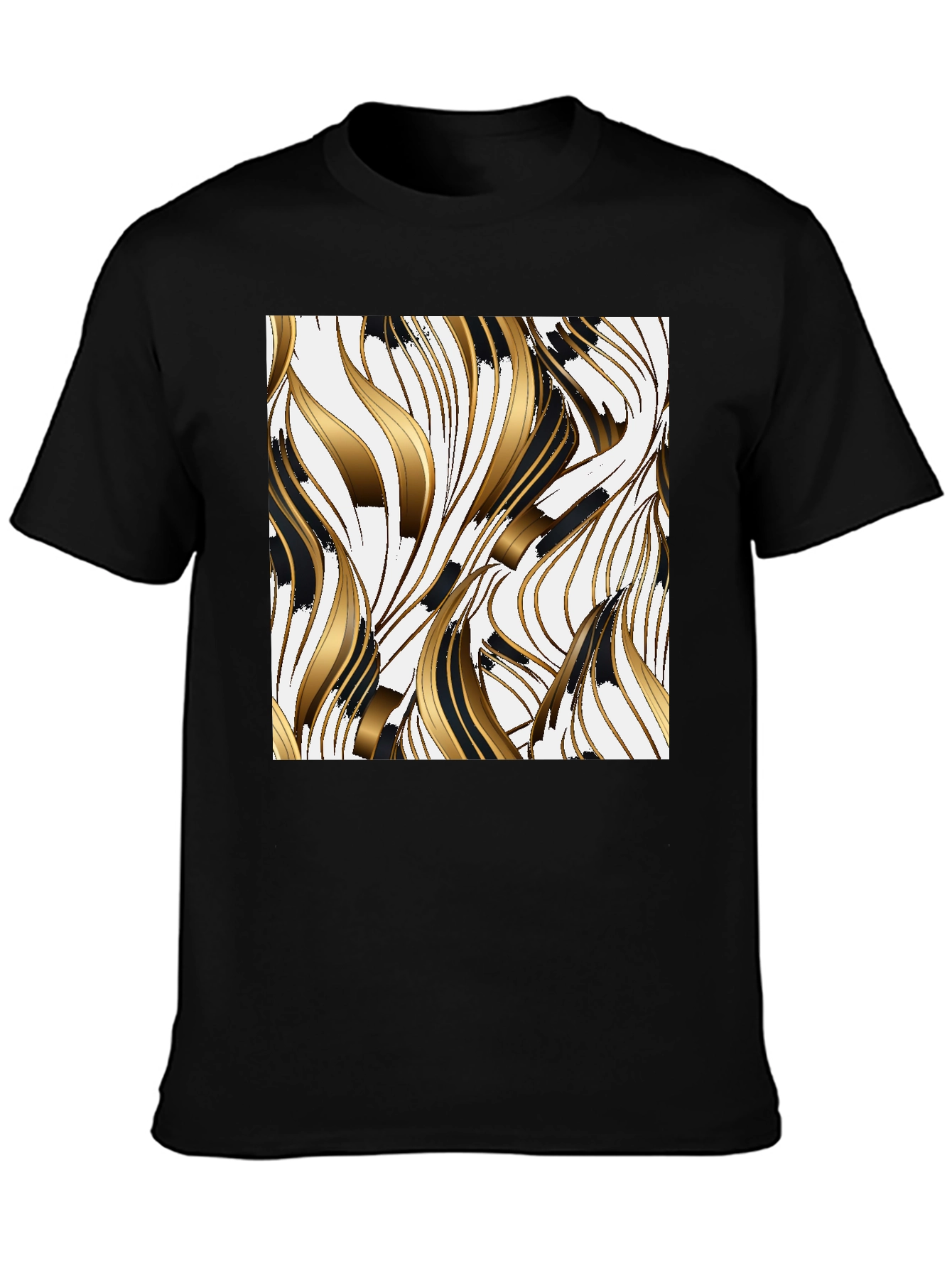 Stylish Black Tee with Abstract Gold & Black Design