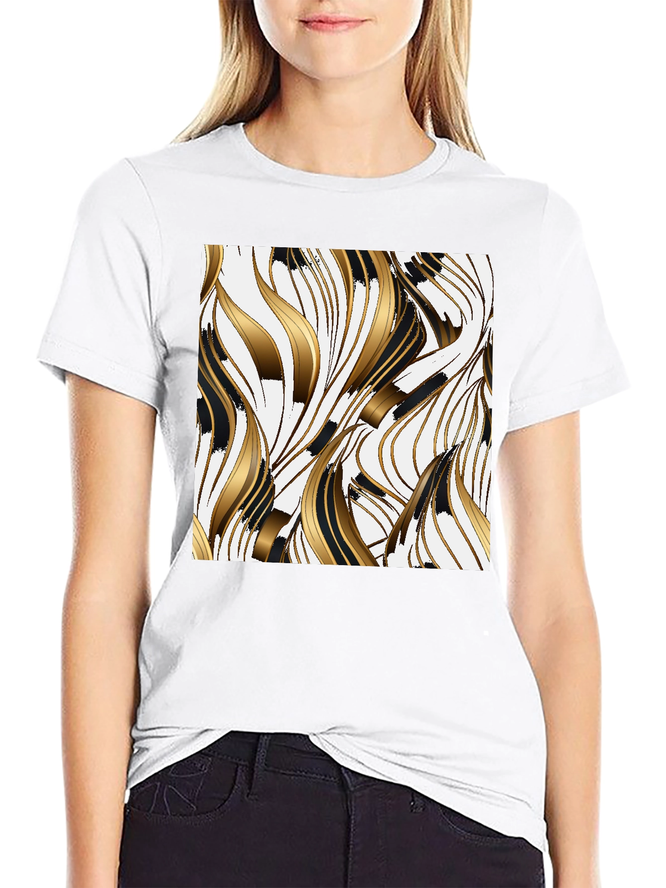 Stylish Black Tee with Abstract Gold & Black Design