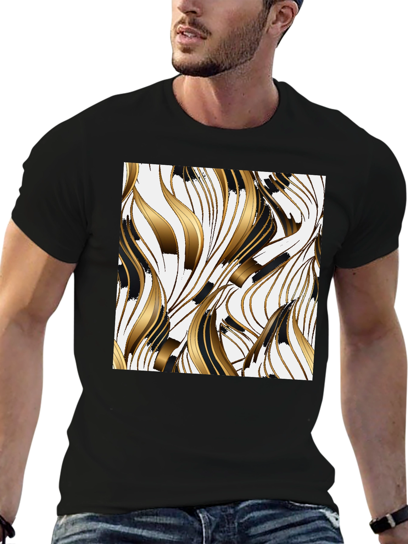 Stylish Black Tee with Abstract Gold & Black Design