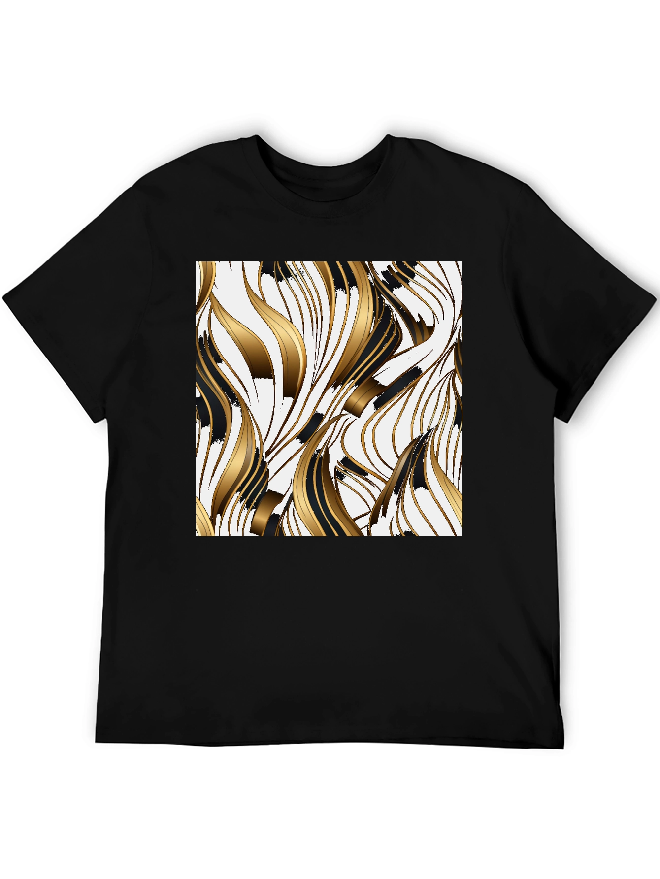 Stylish Black Tee with Abstract Gold & Black Design
