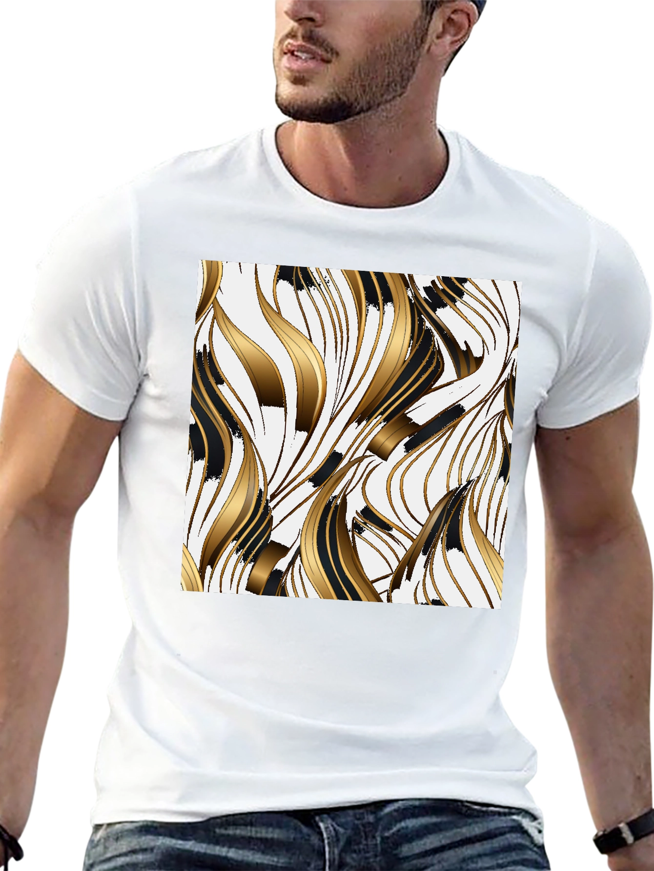 Stylish Black Tee with Abstract Gold & Black Design