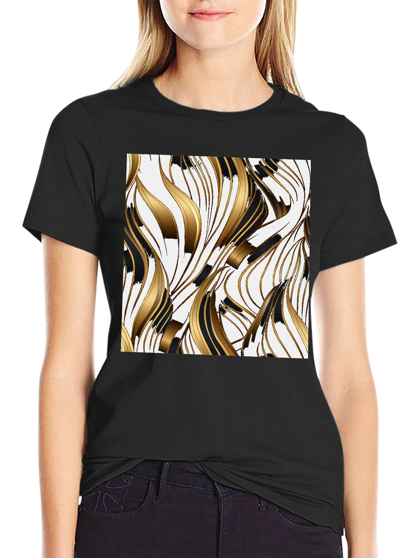 Stylish Black Tee with Abstract Gold & Black Design