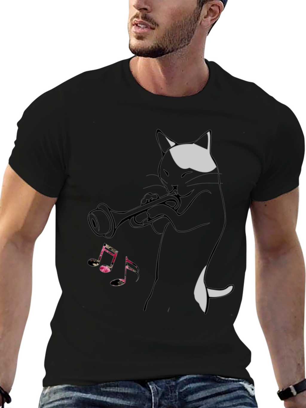 Cool Cat Trumpet Player Black T-Shirt