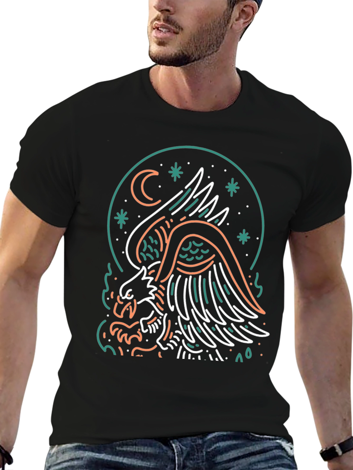 Eagle Moon Graphic Print Black T-Shirt
