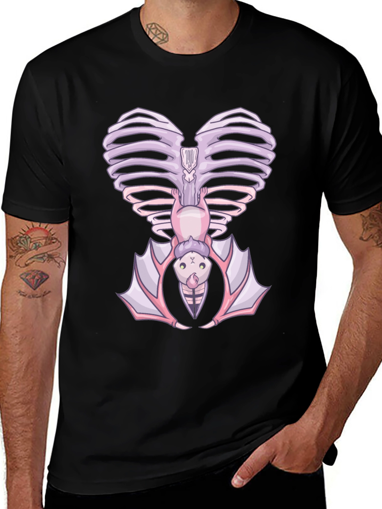 Heart Ribcage Bat Graphic Tee - Unique Halloween Style