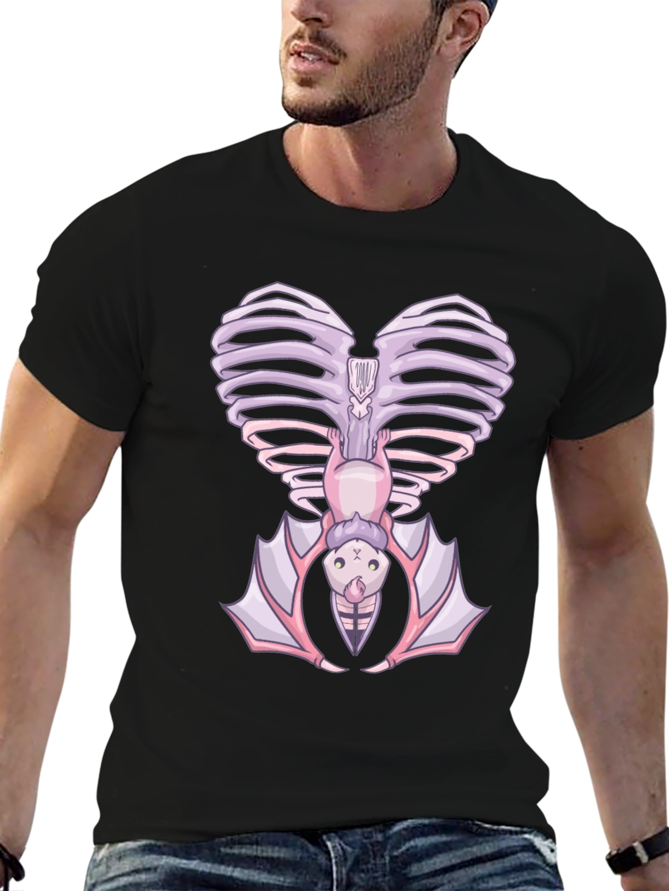 Heart Ribcage Bat Graphic Tee - Unique Halloween Style