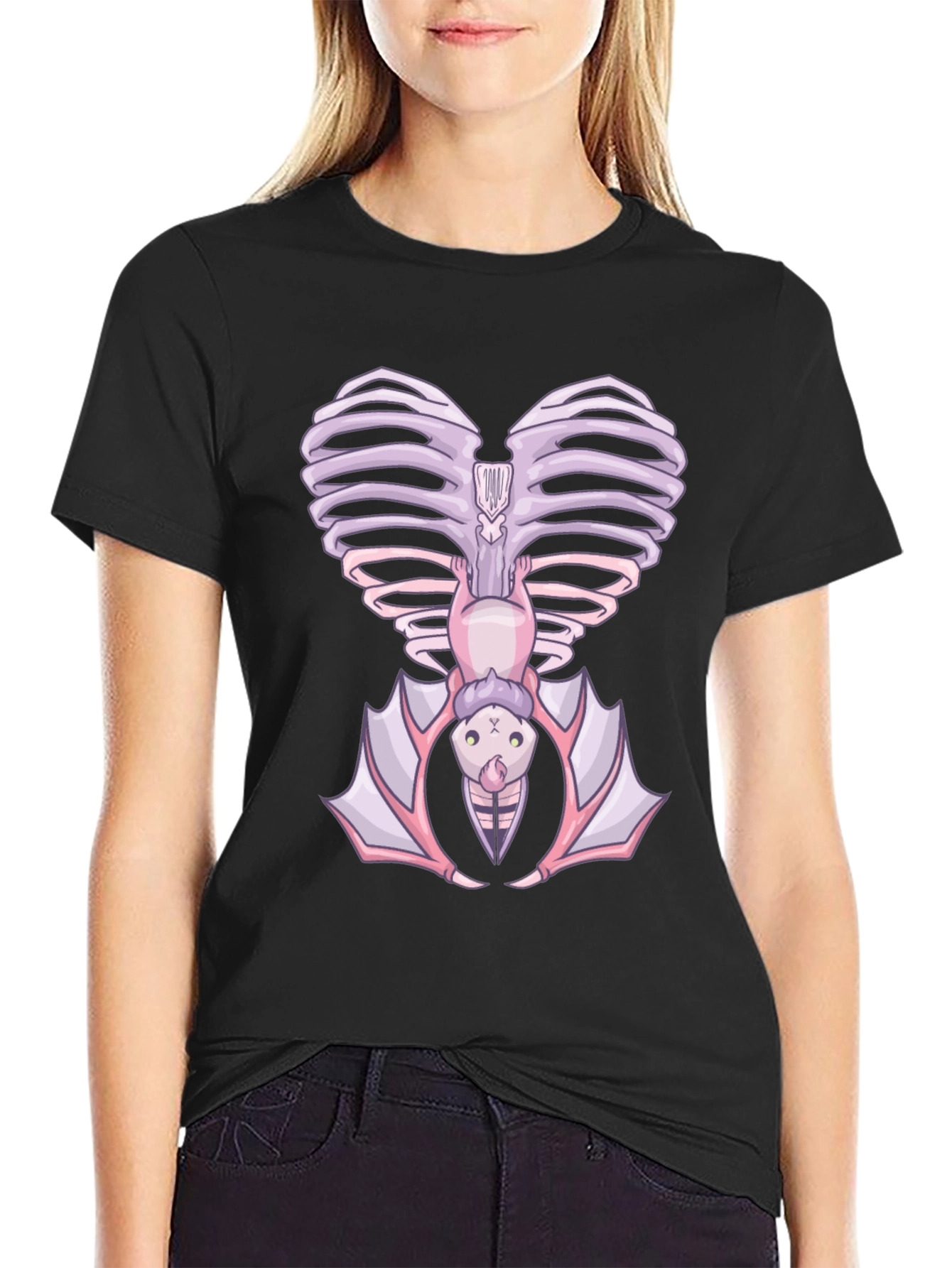 Heart Ribcage Bat Graphic Tee - Unique Halloween Style