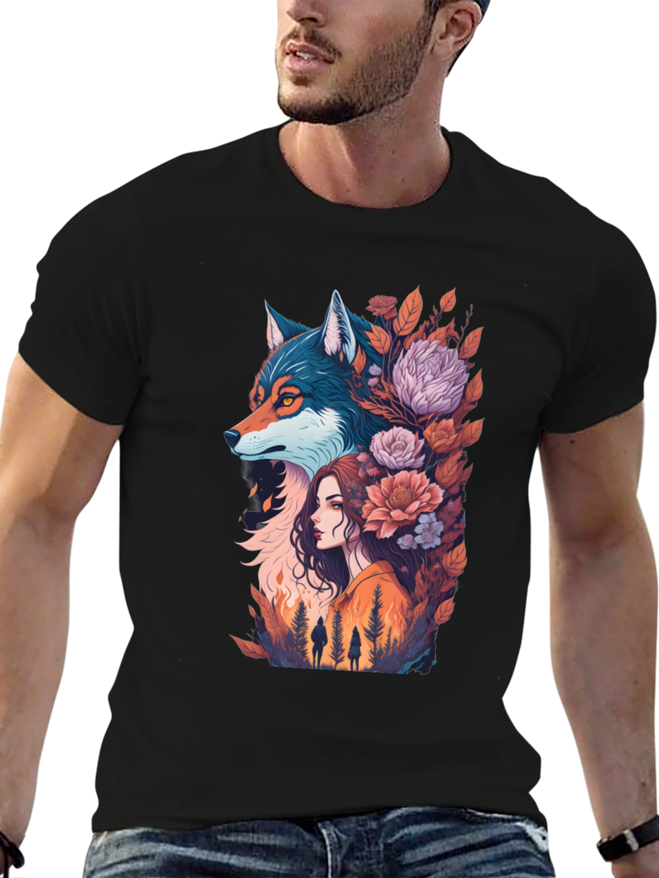 Wolf & Woman Graphic Tee - Artistic Design