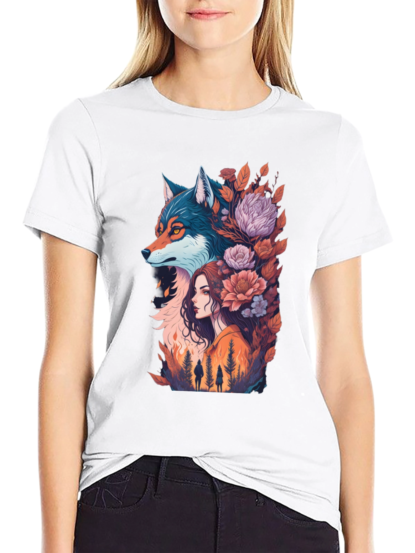 Wolf & Woman Graphic Tee - Artistic Design