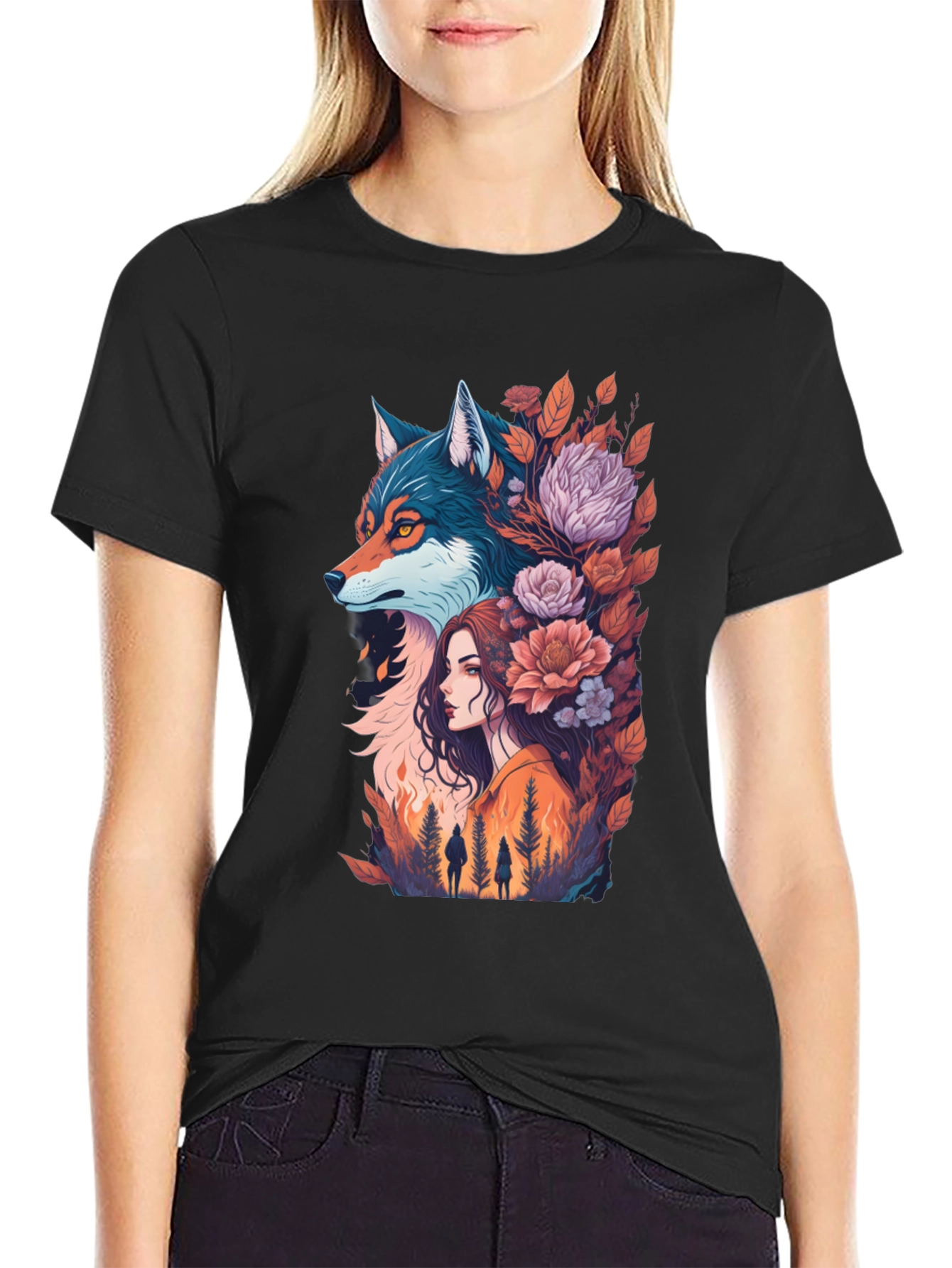 Wolf & Woman Graphic Tee - Artistic Design