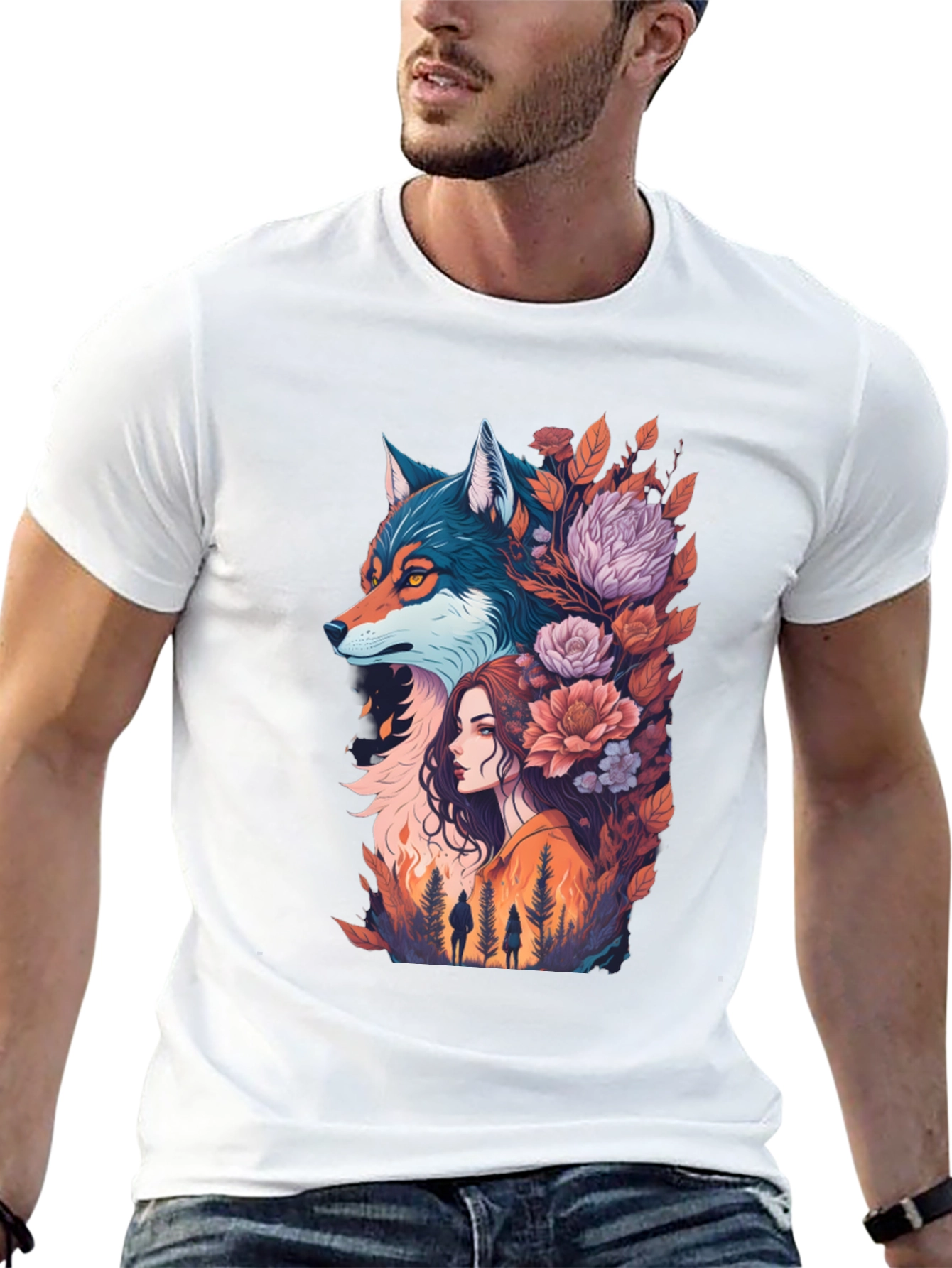 Wolf & Woman Graphic Tee - Artistic Design