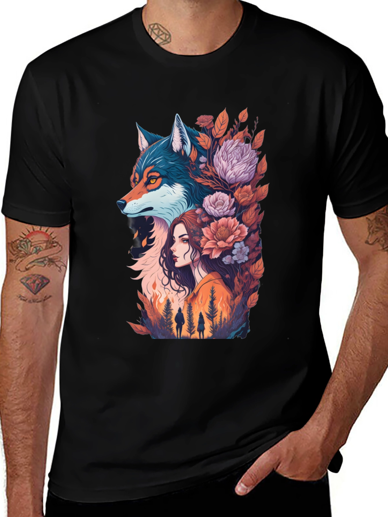 Wolf & Woman Graphic Tee - Artistic Design
