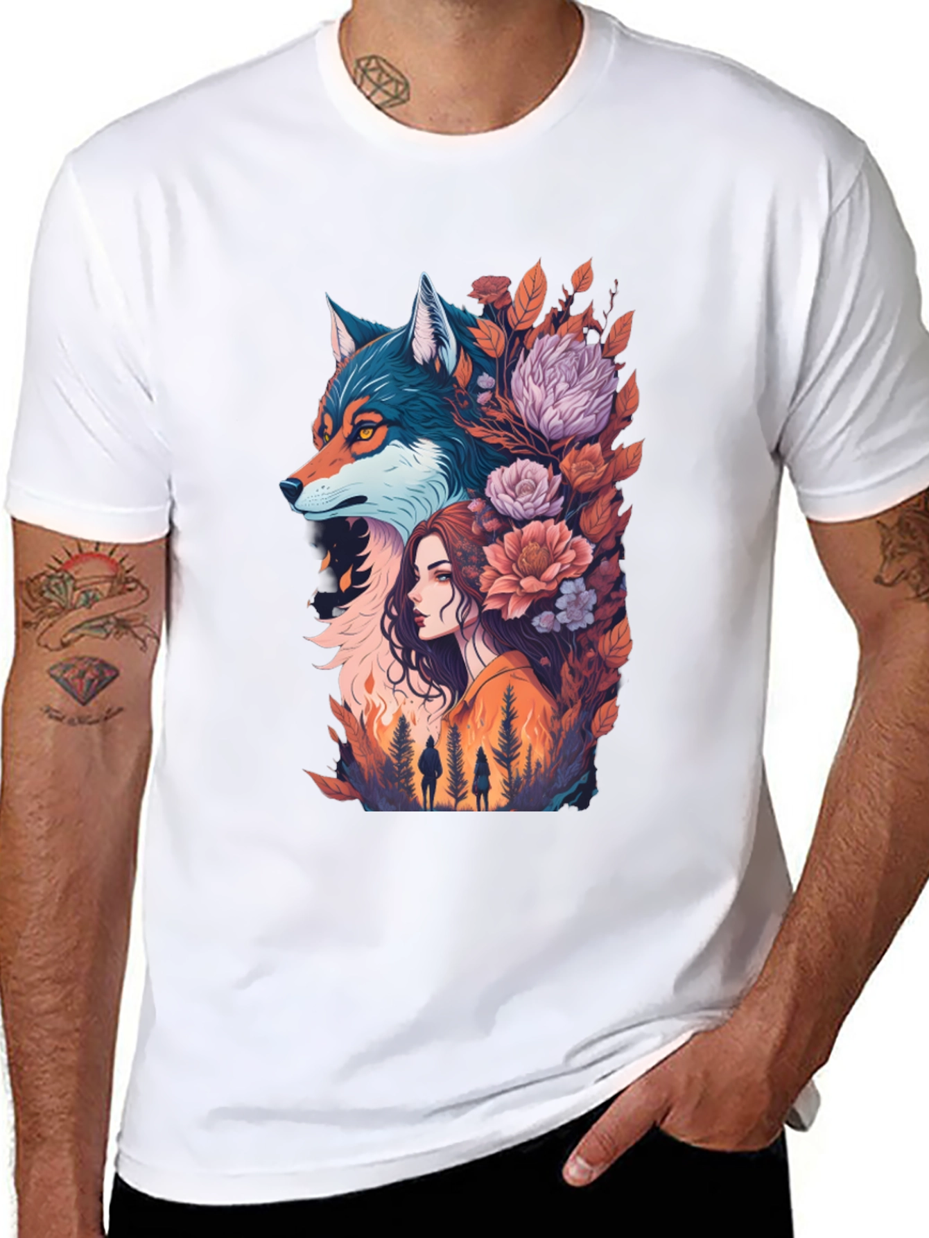 Wolf & Woman Graphic Tee - Artistic Design