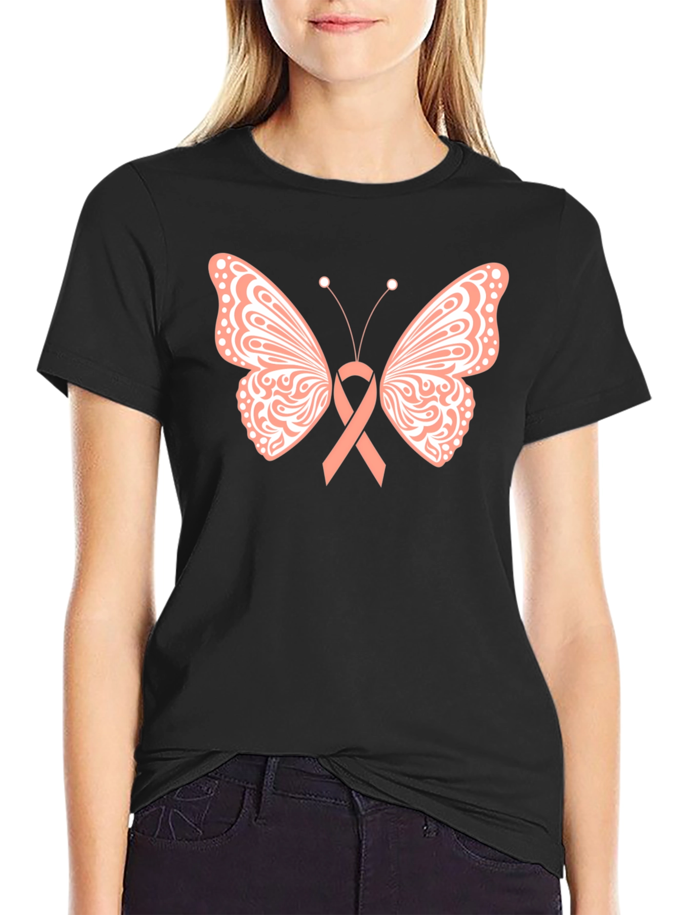 Butterfly Ribbon T-Shirt Breast Cancer Awareness Black Tee