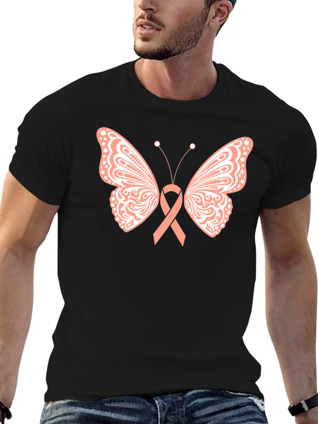 Butterfly Ribbon T-Shirt Breast Cancer Awareness Black Tee