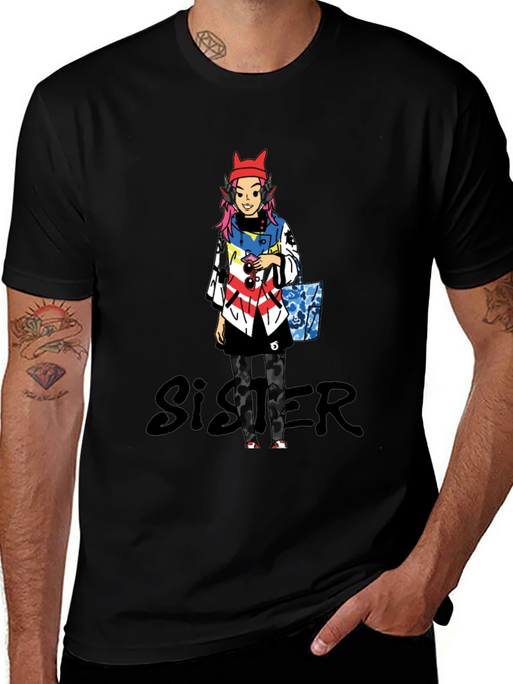 Anime Character Black T-Shirt - Sister Design