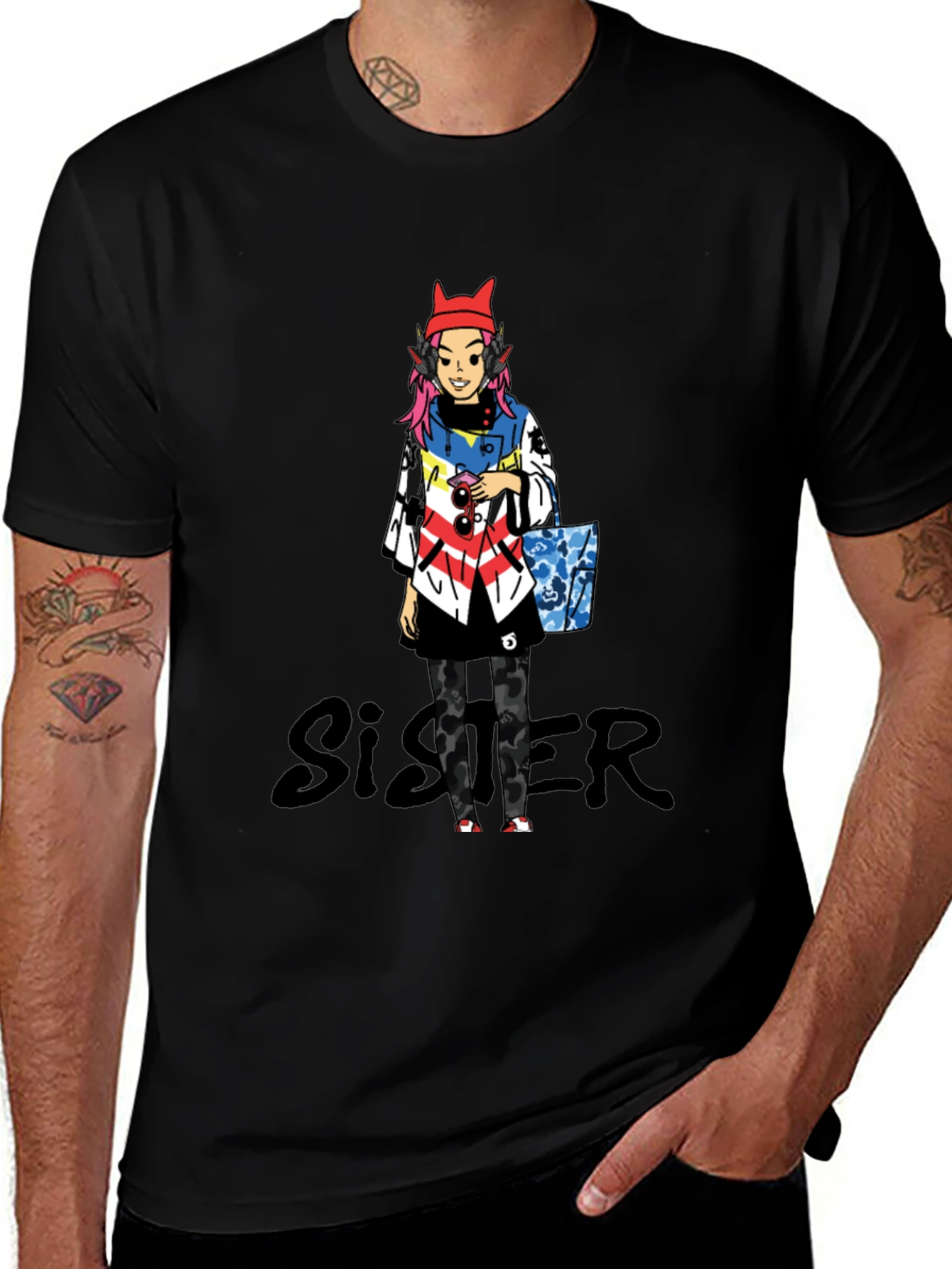 Anime Character Black T-Shirt - Sister Design