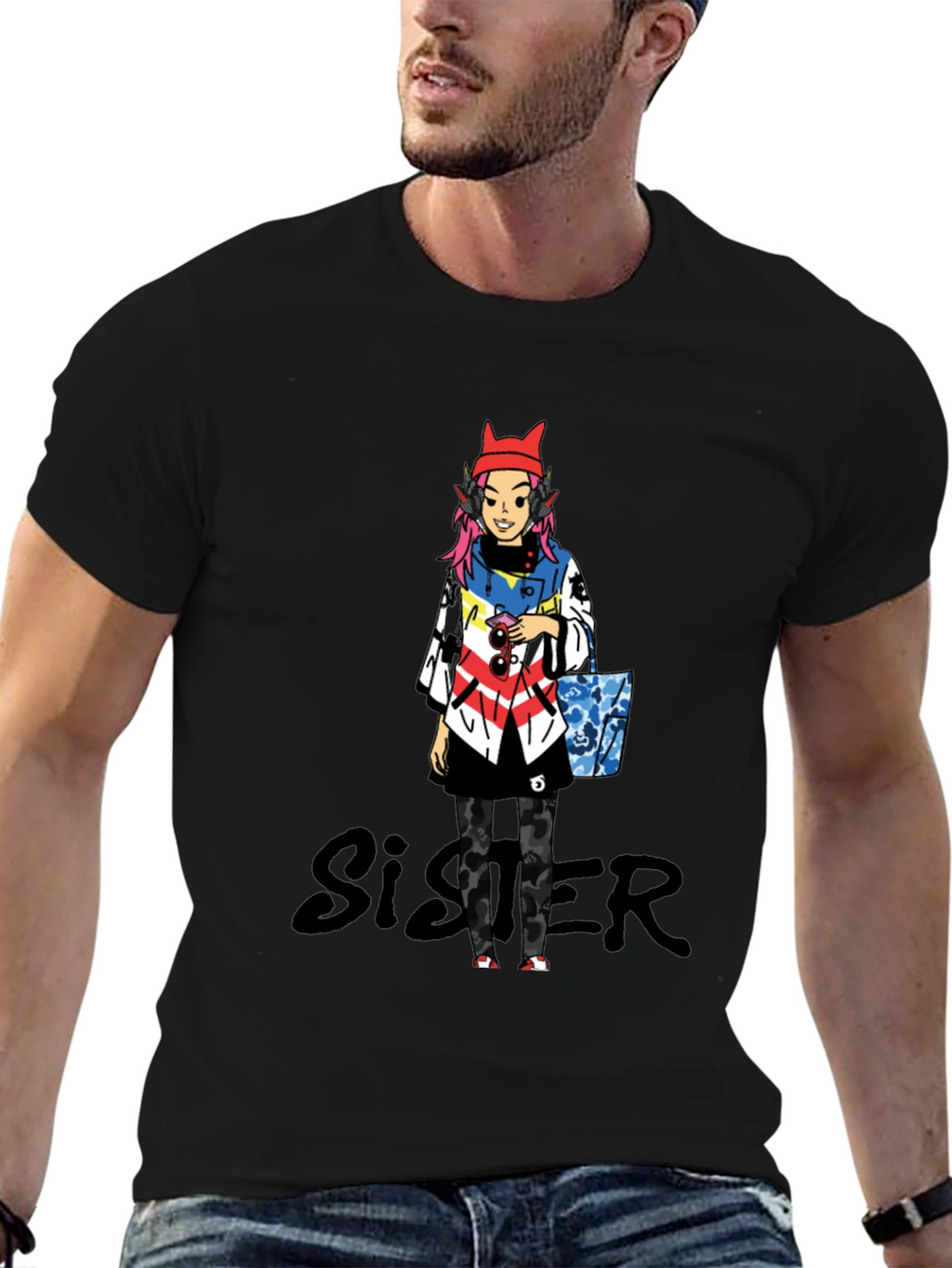 Anime Character Black T-Shirt - Sister Design