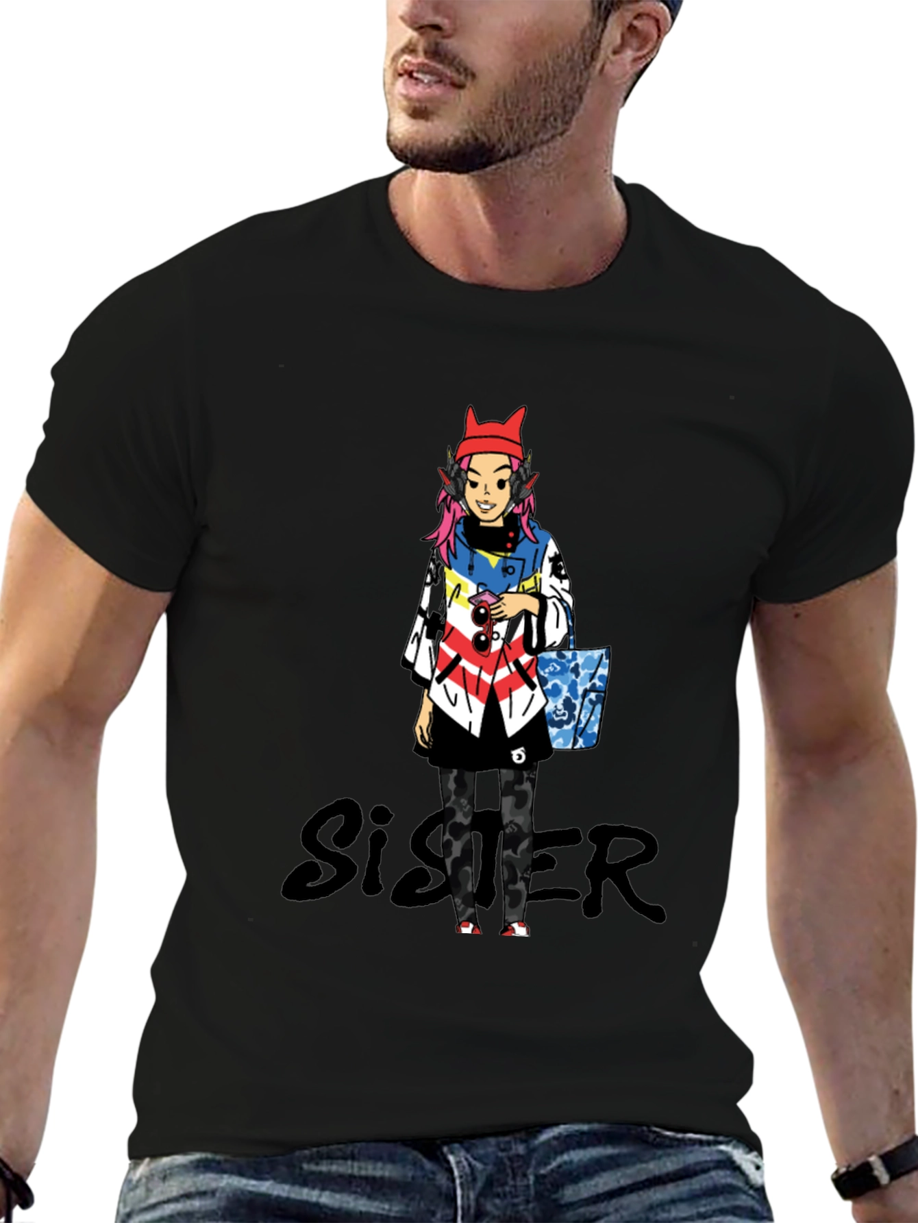 Anime Character Black T-Shirt - Sister Design