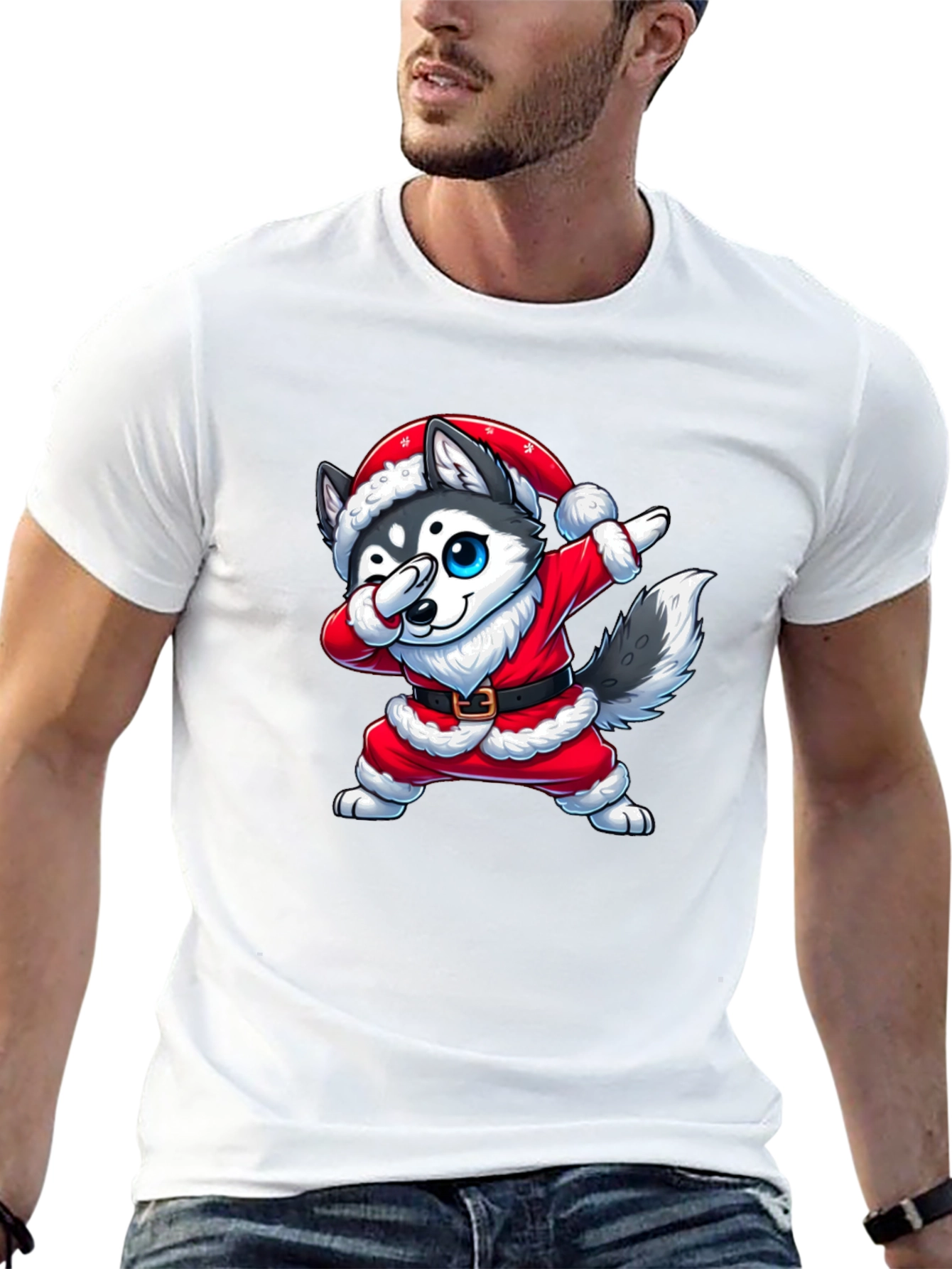 Festive Husky Santa Dabbing Graphic Tee