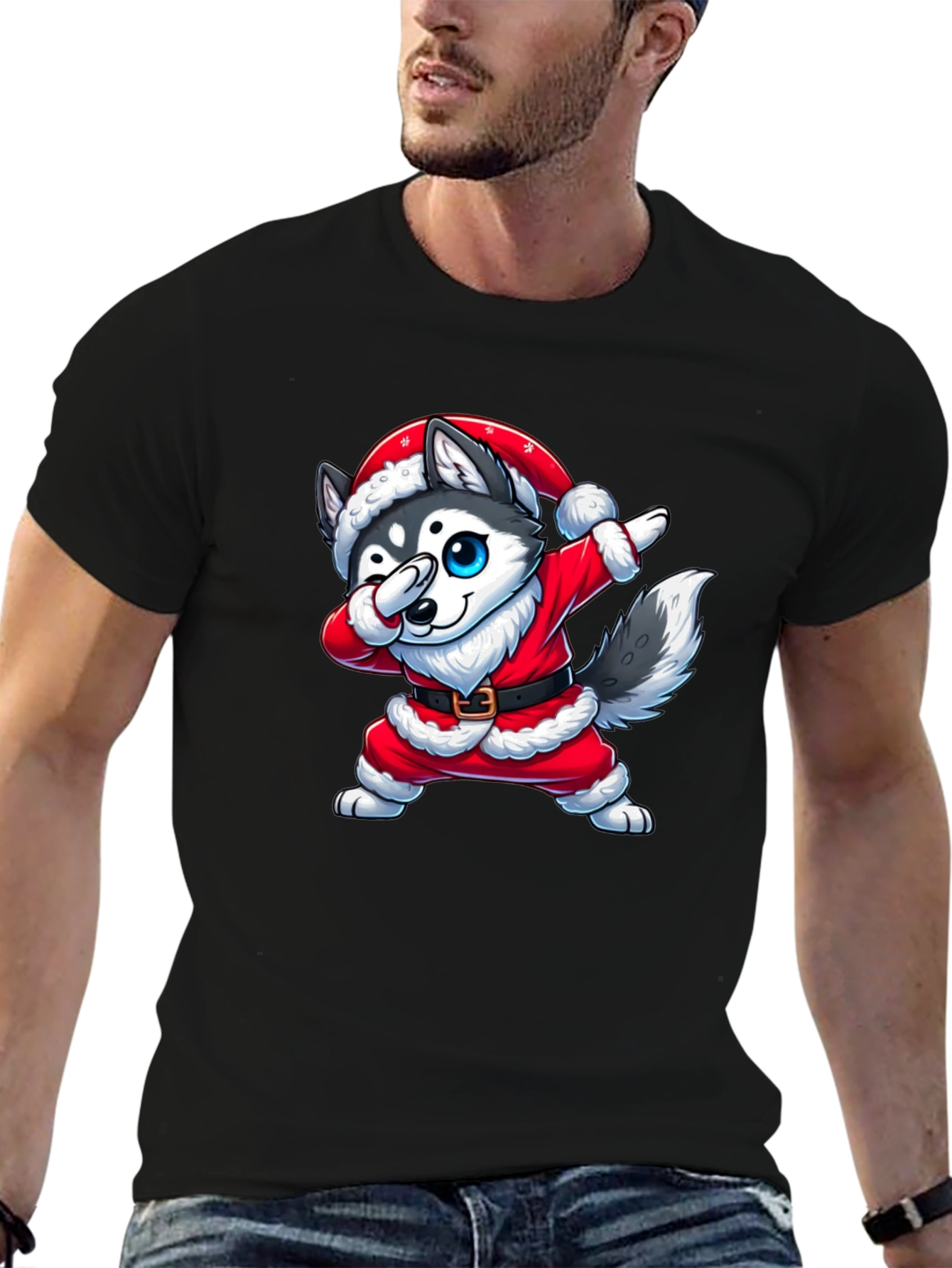 Festive Husky Santa Dabbing Graphic Tee