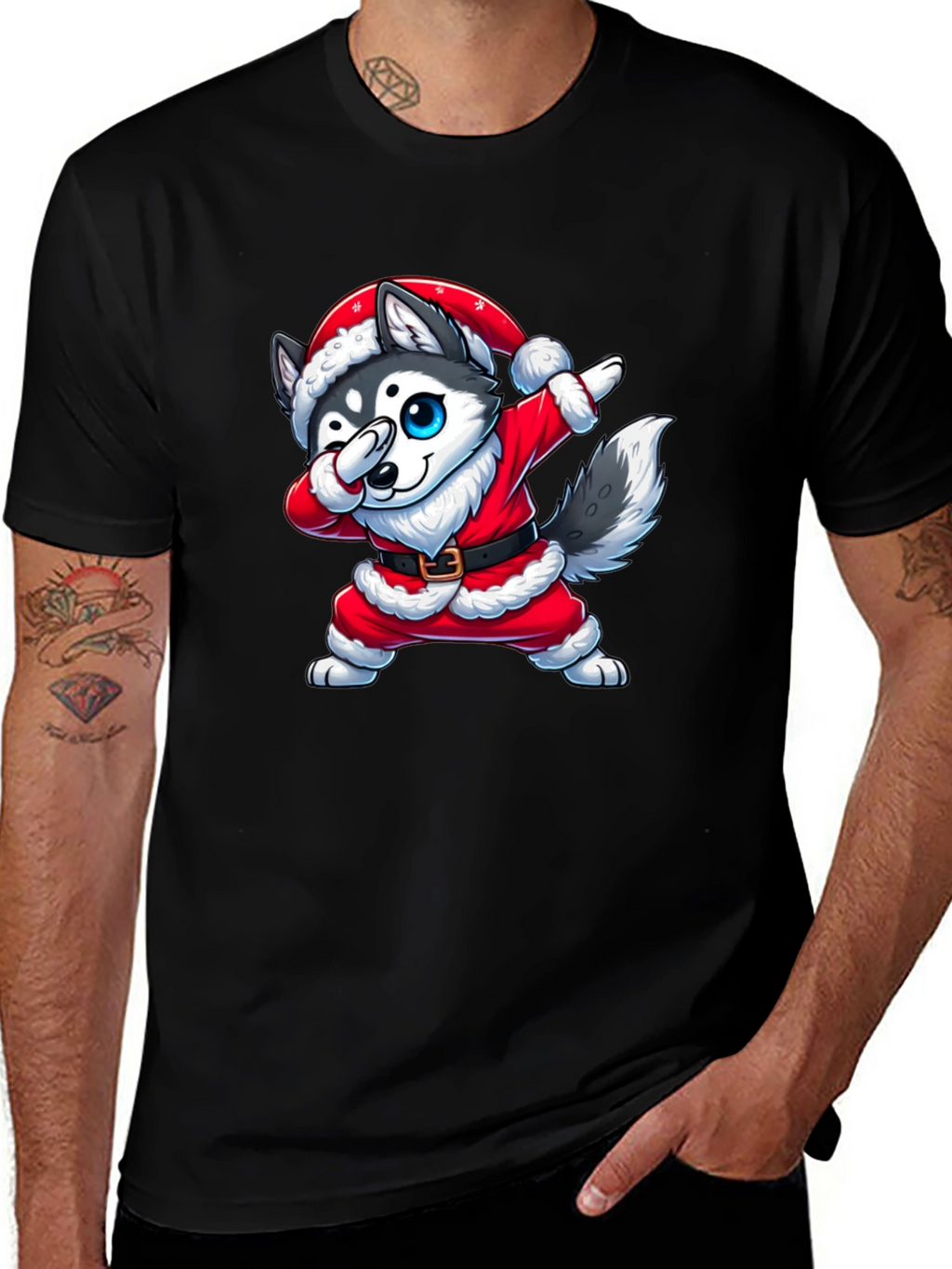 Festive Husky Santa Dabbing Graphic Tee