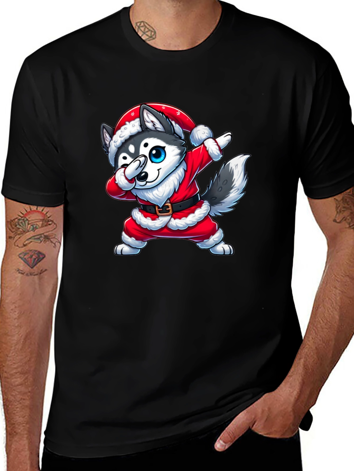 Festive Husky Santa Dabbing Graphic Tee