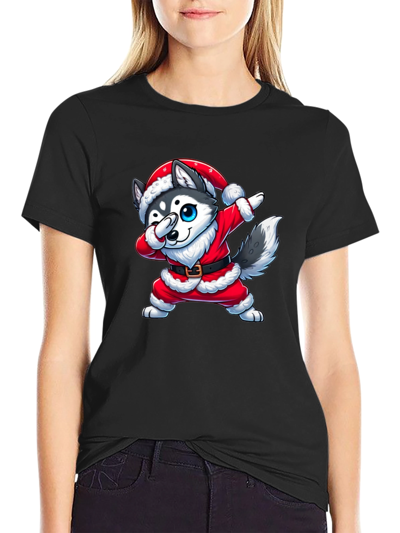 Festive Husky Santa Dabbing Graphic Tee