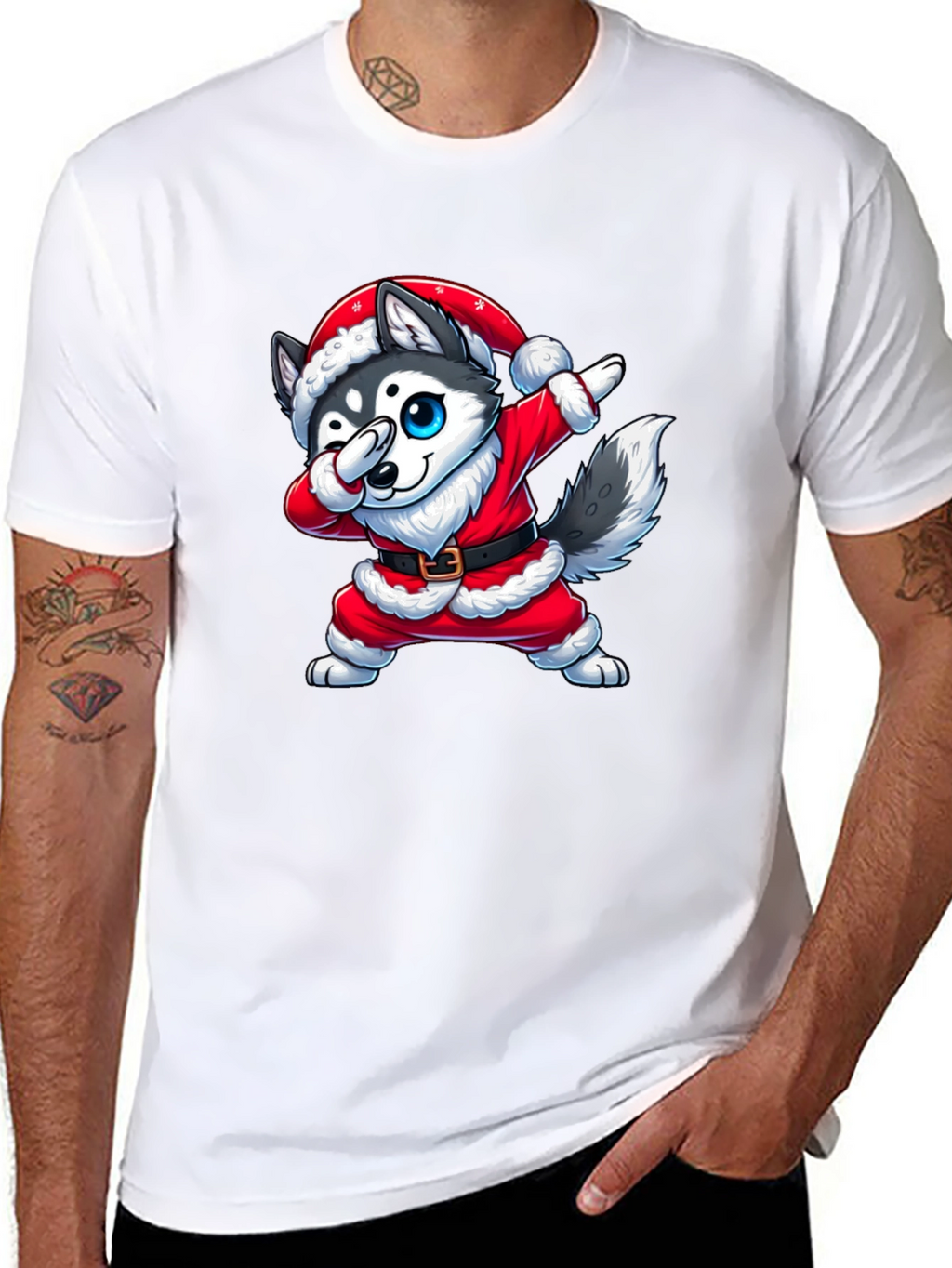 Festive Husky Santa Dabbing Graphic Tee