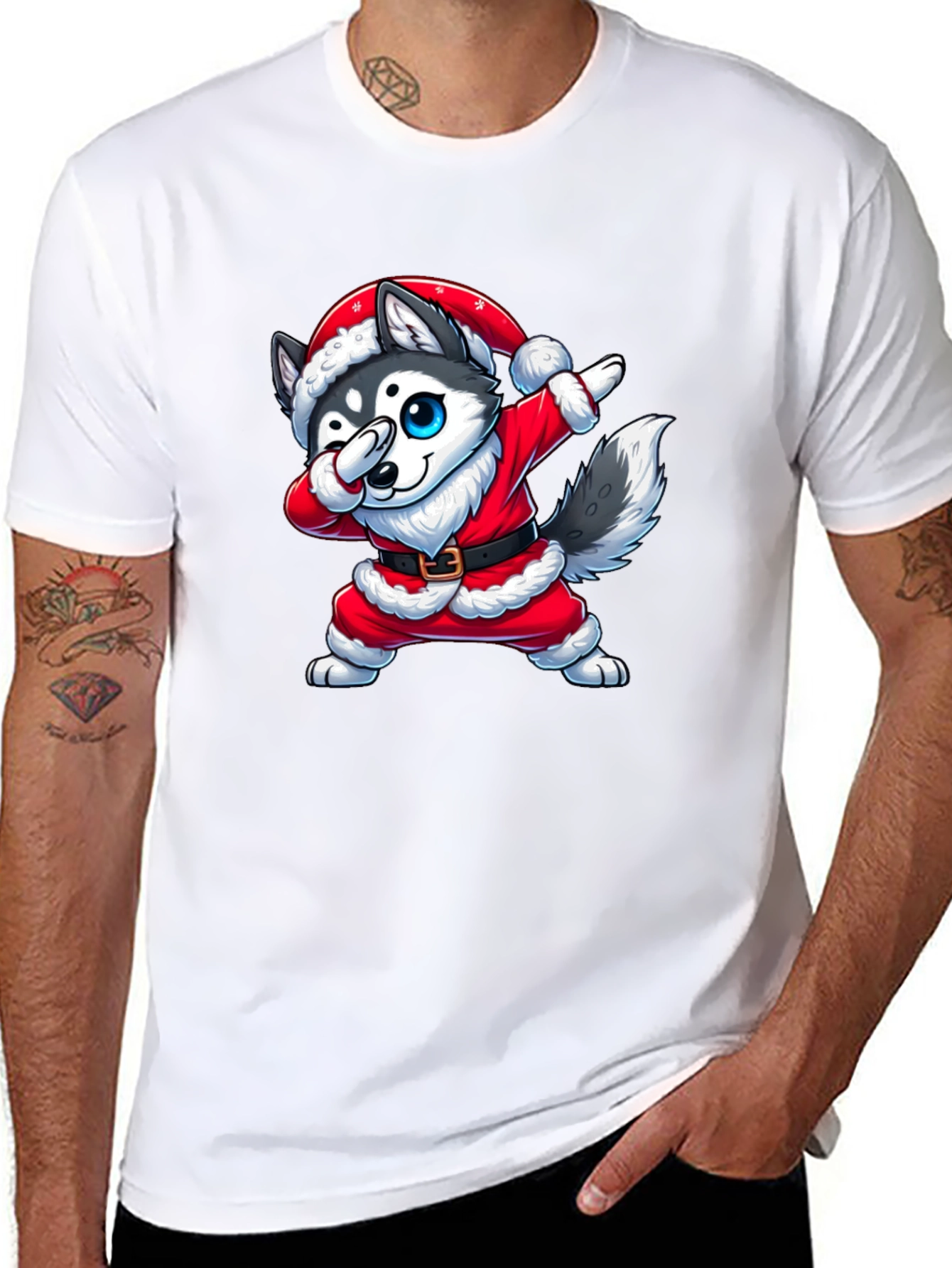 Festive Husky Santa Dabbing Graphic Tee