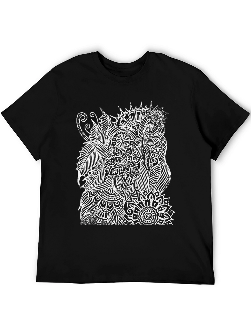 Black T-Shirt with White Elephant Mandala Design