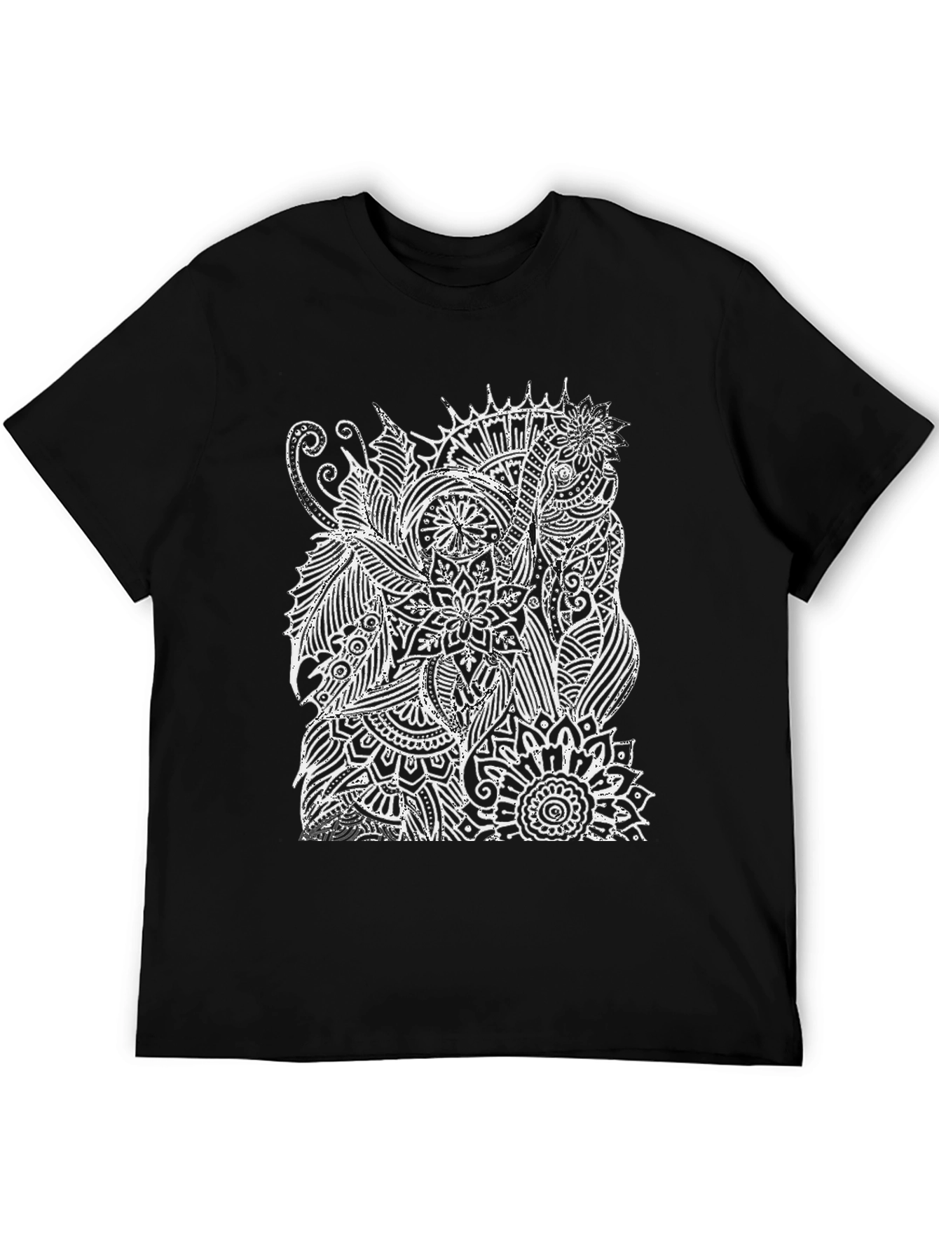 Black T-Shirt with White Elephant Mandala Design