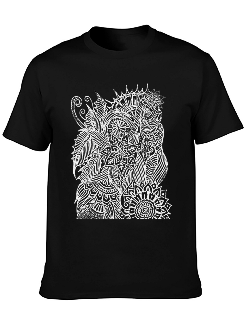 Black T-Shirt with White Elephant Mandala Design