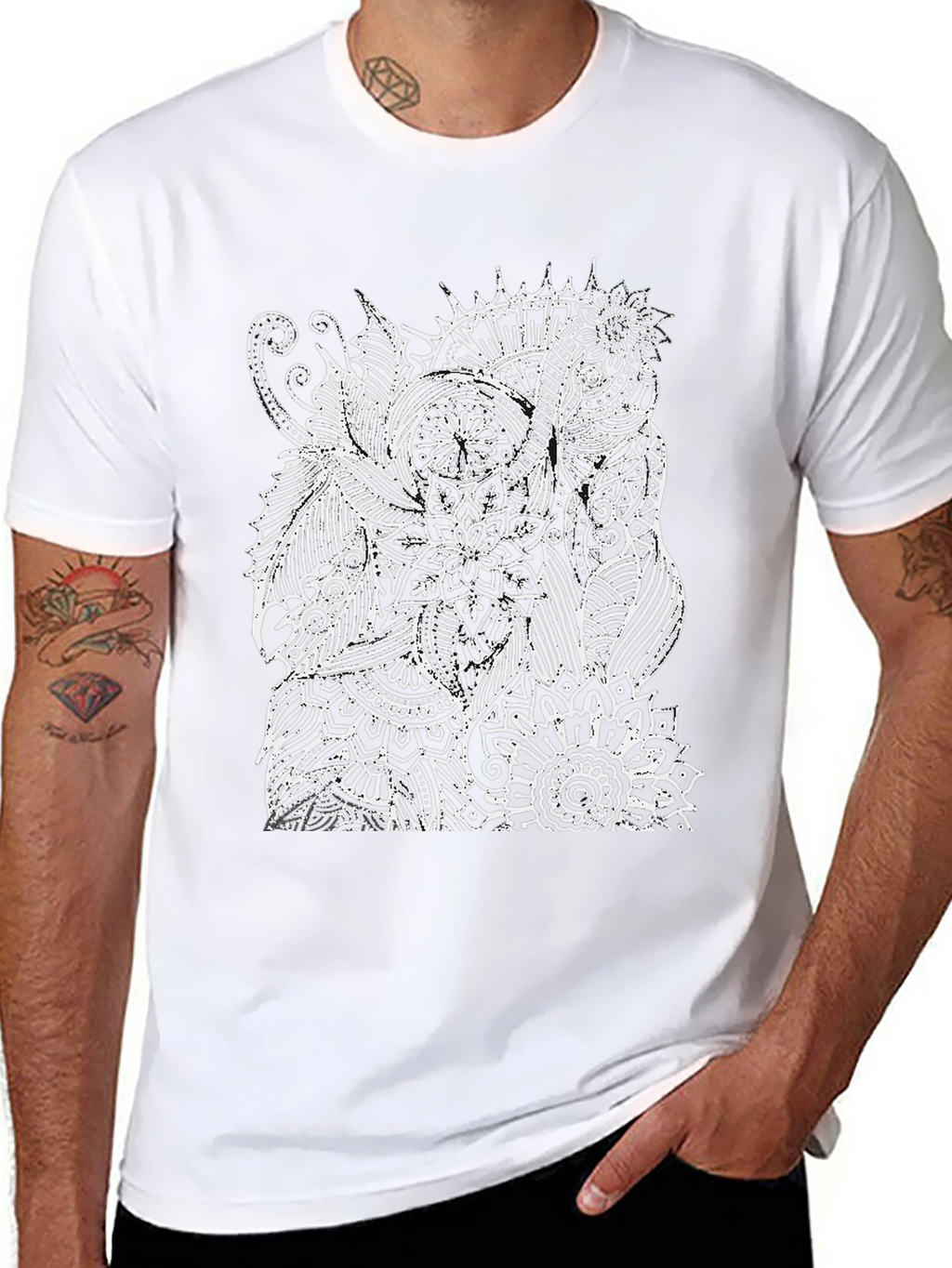 Black T-Shirt with White Elephant Mandala Design