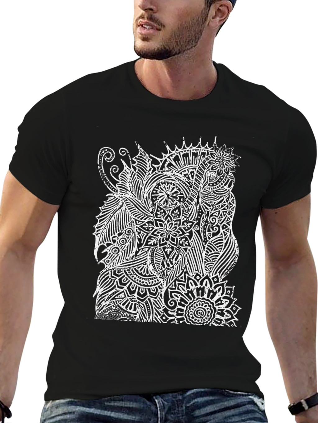Black T-Shirt with White Elephant Mandala Design
