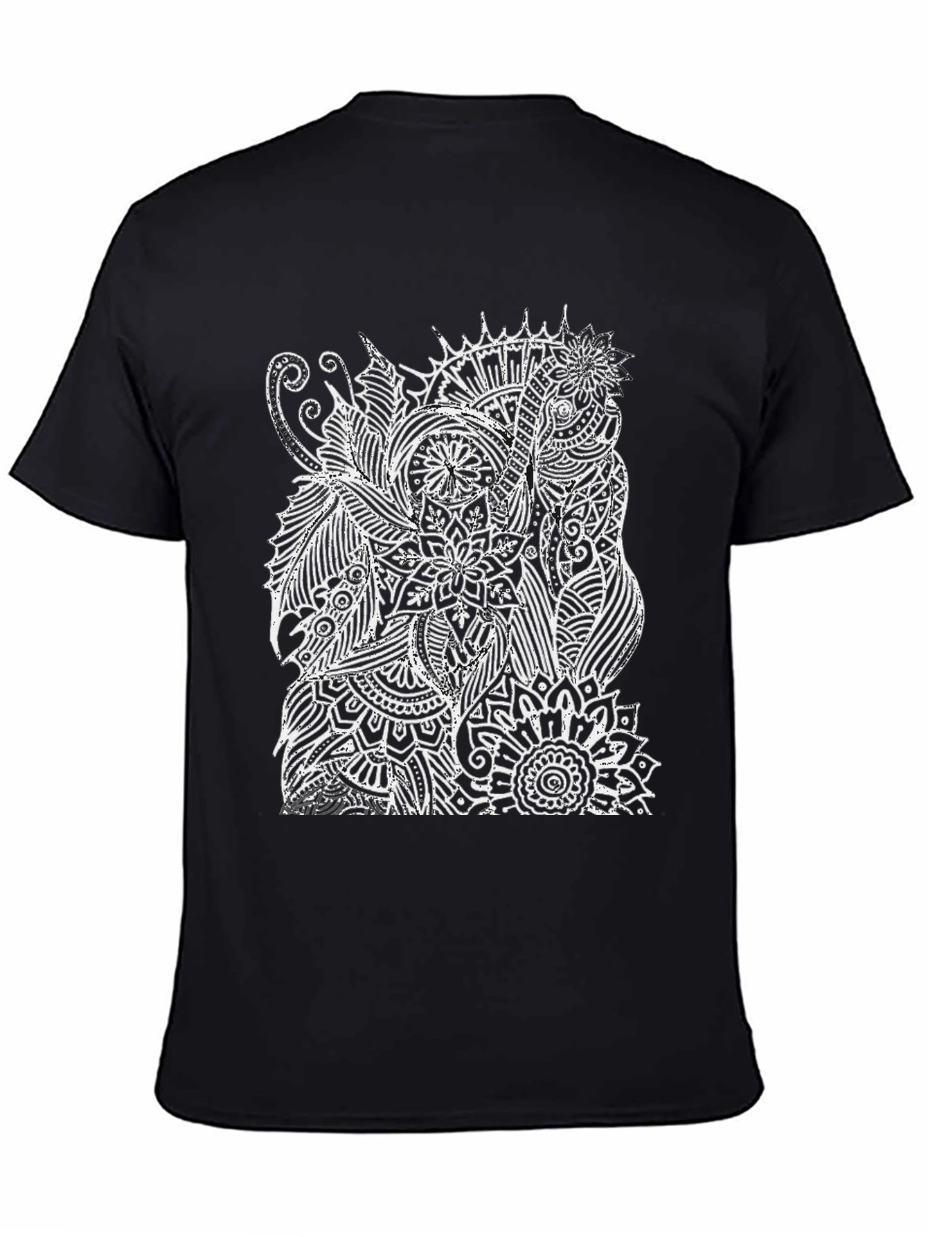 Black T-Shirt with White Elephant Mandala Design
