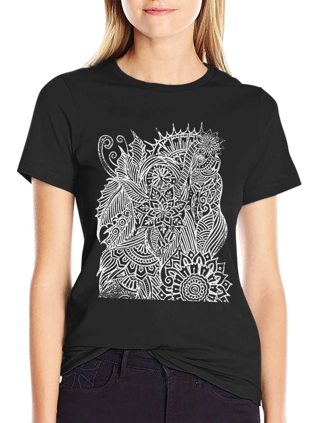 Black T-Shirt with White Elephant Mandala Design