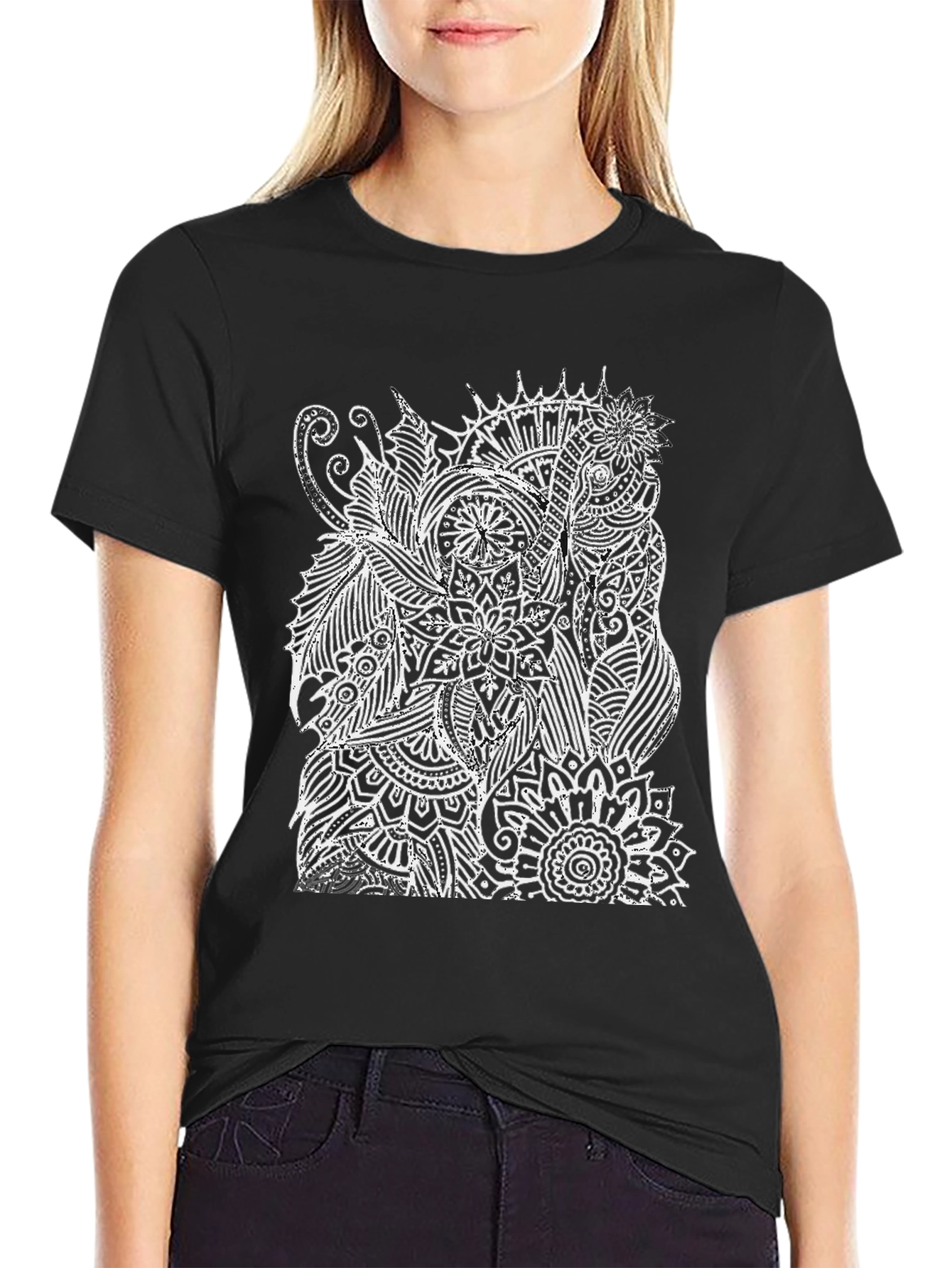 Black T-Shirt with White Elephant Mandala Design
