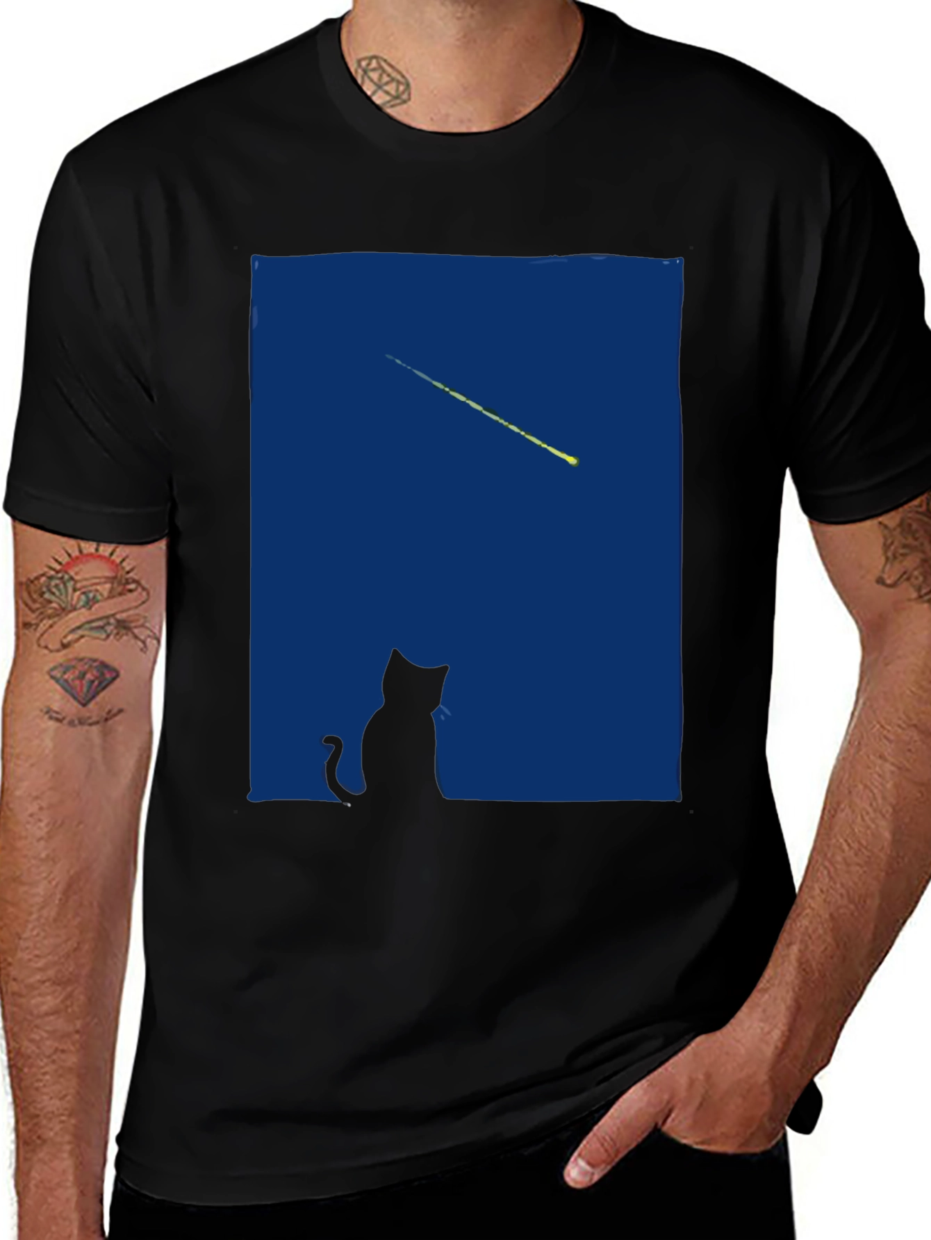 Cat Gazing at Shooting Star T-Shirt - Black